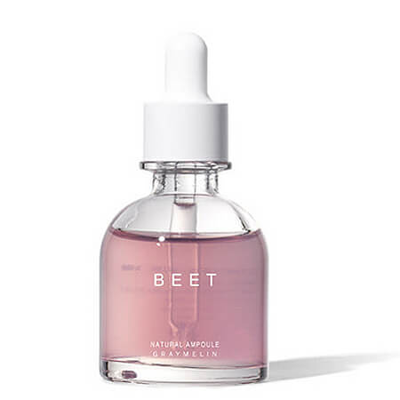 Graymelin Natural Beet Ampoule 30 ml.  มีส่วนผสมจากน้ำชา 62% บีทรูปและ AHA จากผลไม้เช่น องุ่น มะนาว ส้ม แอปเปิ้ล เลม่อน ซึ่งให้วิตามินด้วย ปรับผิวให้เรียบเนียนกระจ่างใส  ไม่มีน้ำหอม ไม่มีซิลิโคน 